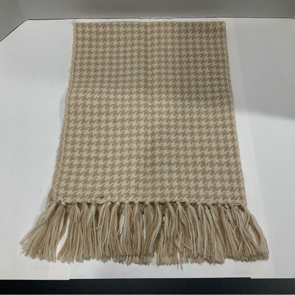 Beige White Houndstooth Wool Blend Women’s Scarf with Feathers